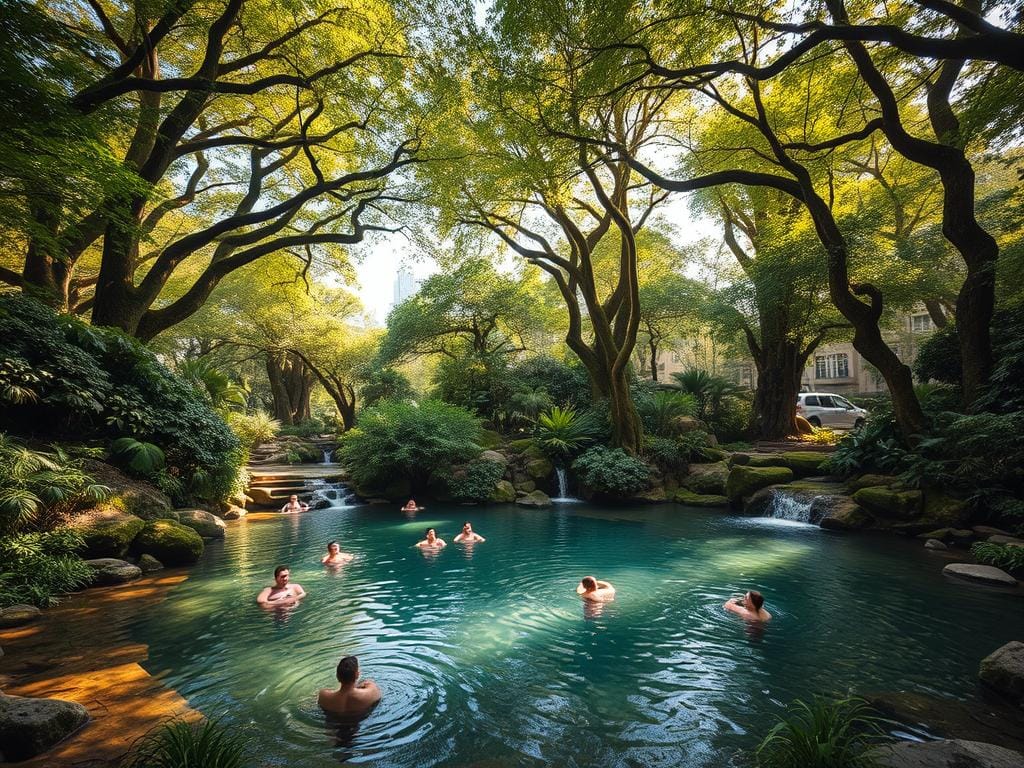 A lush, verdant urban forest oasis, with towering canopies of leafy trees casting dappled sunlight onto a serene natural pool. Bathers relax in the cool, crystal-clear waters, surrounded by the soothing sounds of trickling streams and chirping birds. The scene exudes a sense of tranquility and rejuvenation, inviting the viewer to slow down, disconnect from the bustling city, and reconnect with the restorative power of nature. Capture the scene with a wide-angle lens, highlighting the contrast between the manmade and the natural elements. Convey a warm, golden-hour atmosphere with soft, diffused lighting, creating a calming and restorative ambiance. A lush, verdant urban forest oasis, with towering canopies of leafy trees casting dappled sunlight onto a serene natural pool. Bathers relax in the cool, crystal-clear waters, surrounded by the soothing sounds of trickling streams and chirping birds. The scene exudes a sense of tranquility and rejuvenation, inviting the viewer to slow down, disconnect from the bustling city, and reconnect with the restorative power of nature. Capture the scene with a wide-angle lens, highlighting the contrast between the manmade and the natural elements. Convey a warm, golden-hour atmosphere with soft, diffused lighting, creating a calming and restorative ambiance.