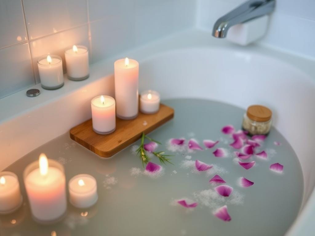 Banheira preparada para banho terapêutico como rotina de autocuidado Banheira preparada para banho terapêutico como rotina de autocuidado