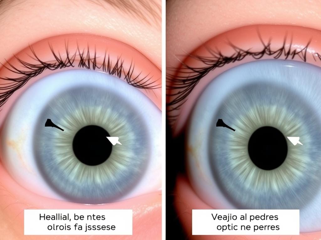 Comparação visual entre olho normal e olho com glaucoma mostrando diferenças na pressão intraocular Comparação visual entre olho normal e olho com glaucoma mostrando diferenças na pressão intraocular