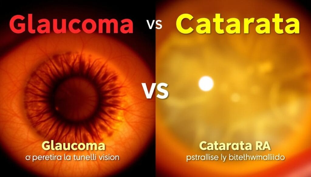 Comparação visual entre os efeitos do glaucoma e da catarata na visão Comparação visual entre os efeitos do glaucoma e da catarata na visão