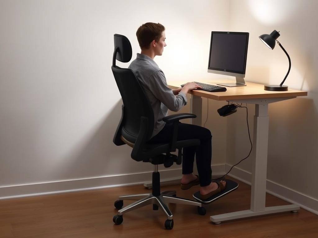 Configuração ergonômica de um espaço de trabalho que promove bem-estar físico Configuração ergonômica de um espaço de trabalho que promove bem-estar físico