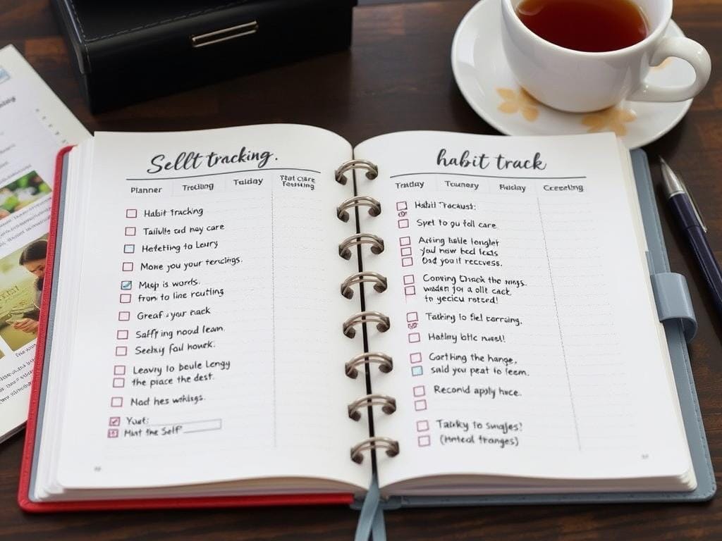 Diário de acompanhamento de rotinas de autocuidado com marcações de progresso Diário de acompanhamento de rotinas de autocuidado com marcações de progresso
