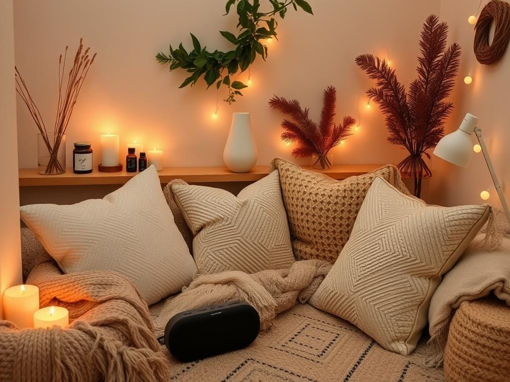 Elementos sensoriais como velas aromáticas, texturas e sons que contribuem para um espaço que nutre bem-estar Elementos sensoriais como velas aromáticas, texturas e sons que contribuem para um espaço que nutre bem-estar