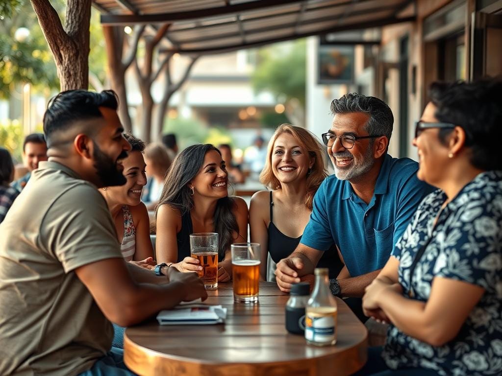 Grupo de amigos conversando e rindo juntos Grupo de amigos conversando e rindo juntos