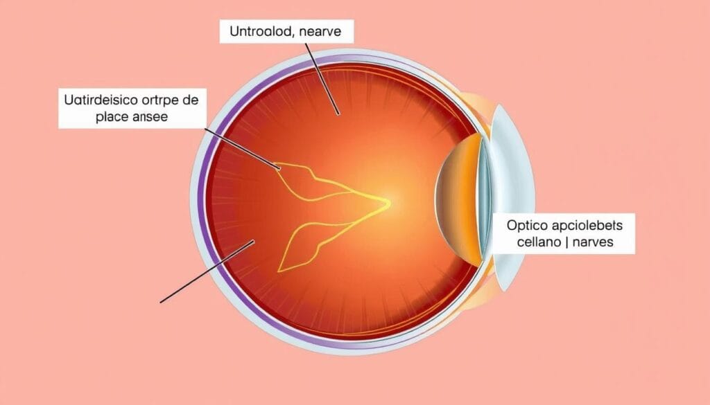 Ilustração mostrando o nervo óptico afetado pelo glaucoma e o aumento da pressão intraocular