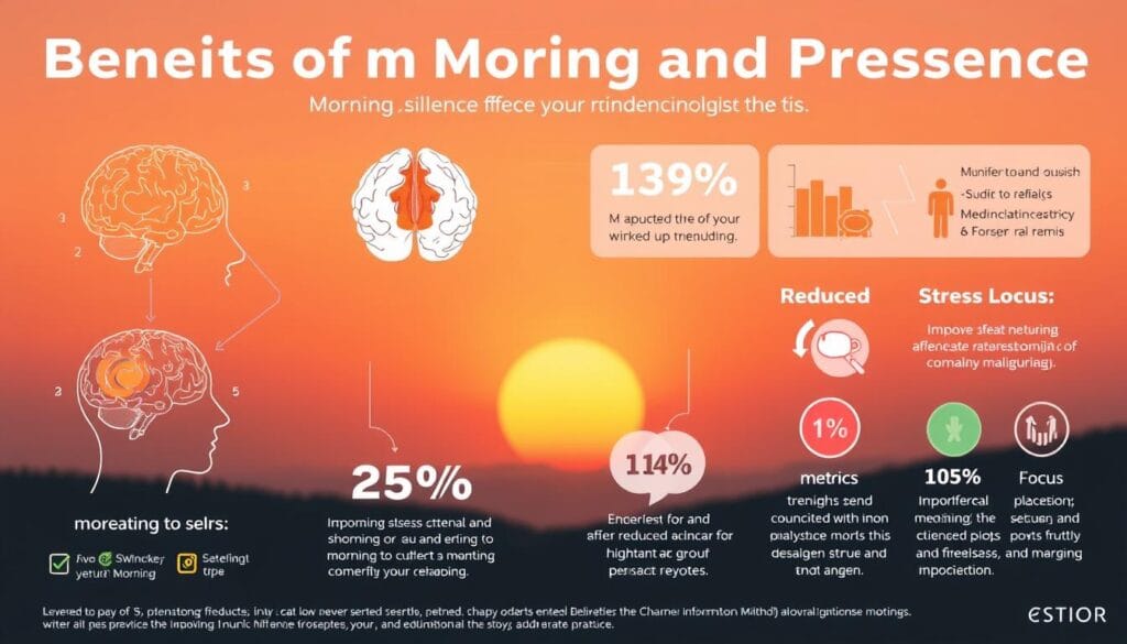 Infográfico mostrando os benefícios do silêncio e presença matinal para o cérebro e corpo Infográfico mostrando os benefícios do silêncio e presença matinal para o cérebro e corpo