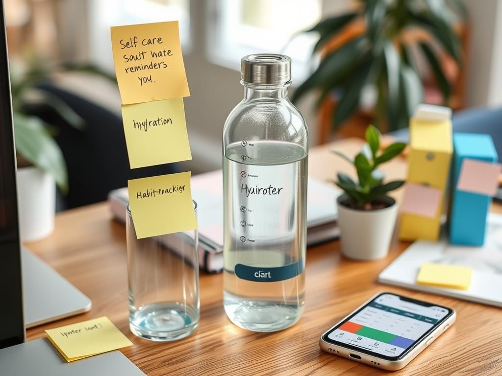 Lembretes visuais para rotinas de autocuidado em um espaço de trabalho Lembretes visuais para rotinas de autocuidado em um espaço de trabalho