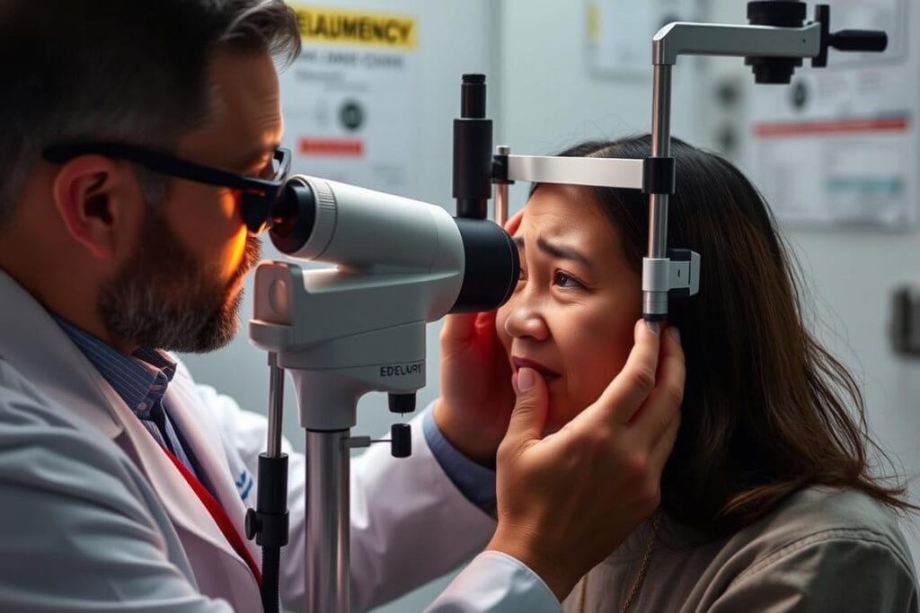 Médico examinando paciente com sintomas de glaucoma agudo Médico examinando paciente com sintomas de glaucoma agudo