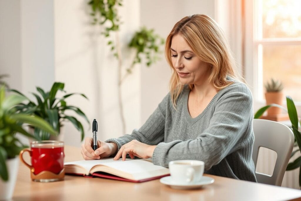 Mulher escrevendo em um diário como parte de sua rotina de autocuidado Mulher escrevendo em um diário como parte de sua rotina de autocuidado