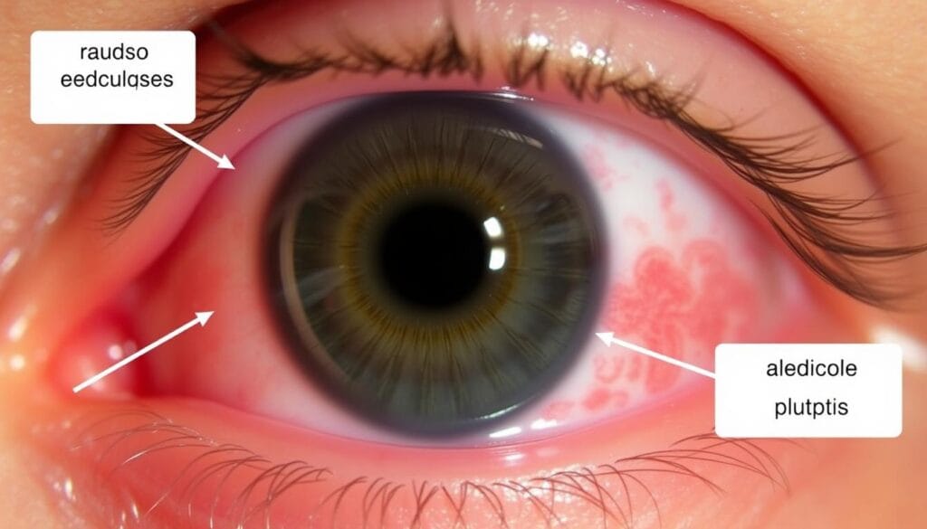 Olho com glaucoma de ângulo fechado mostrando vermelhidão e pupila dilatada Olho com glaucoma de ângulo fechado mostrando vermelhidão e pupila dilatada