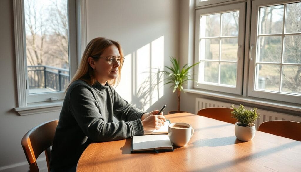 Pessoa aproveitando uma manhã mais leve e produtiva com café e planejamento