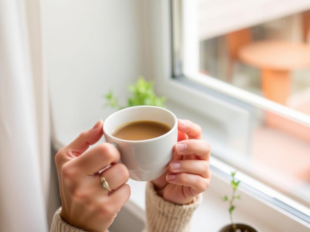 Pessoa desfrutando de um momento de café como rotina de autocuidado Pessoa desfrutando de um momento de café como rotina de autocuidado