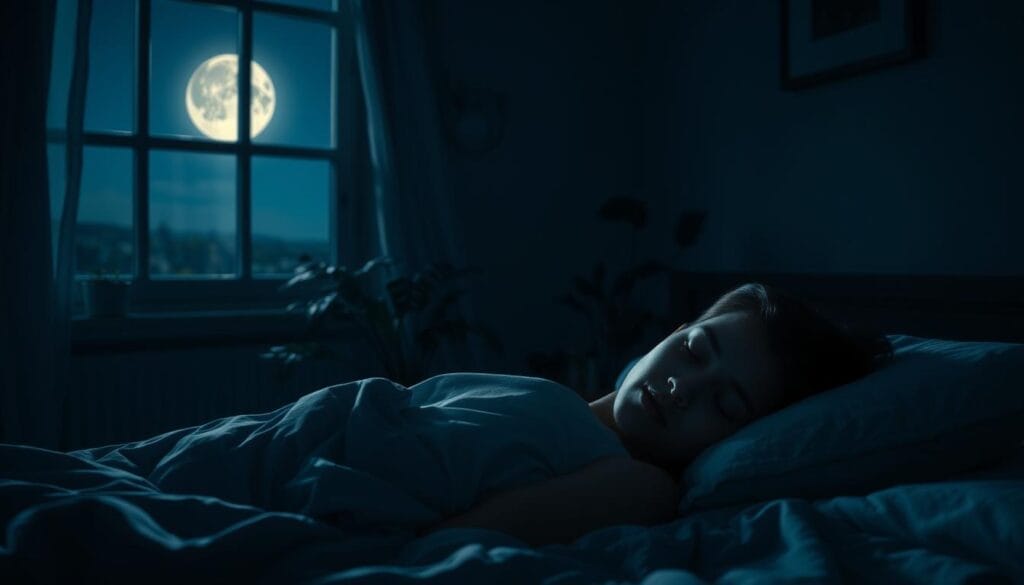 Pessoa dormindo profundamente em um quarto escuro e tranquilo, demonstrando como dormir melhor naturalmente