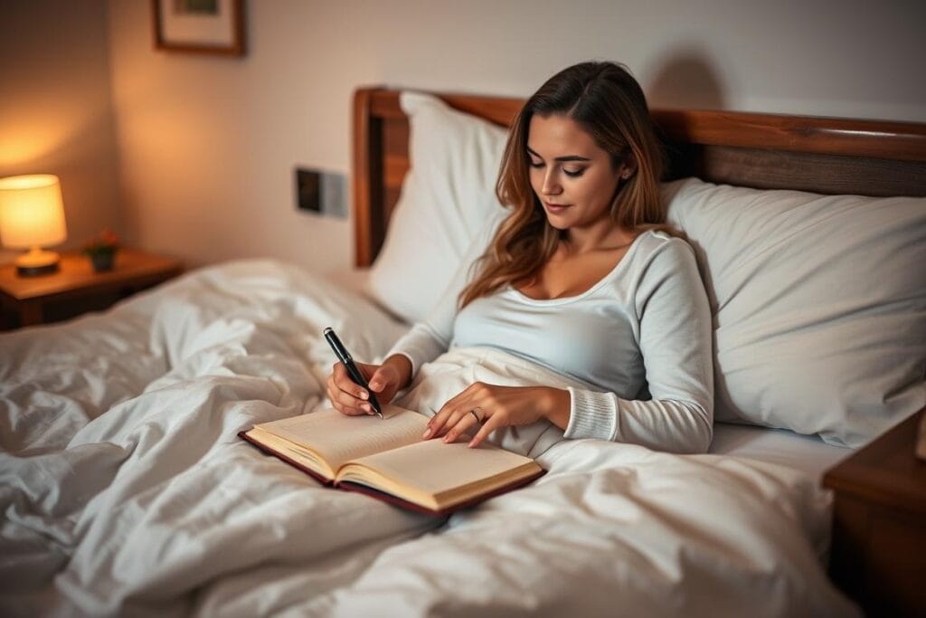 Pessoa escrevendo em um diário de gratidão como rotina de autocuidado noturna Pessoa escrevendo em um diário de gratidão como rotina de autocuidado noturna