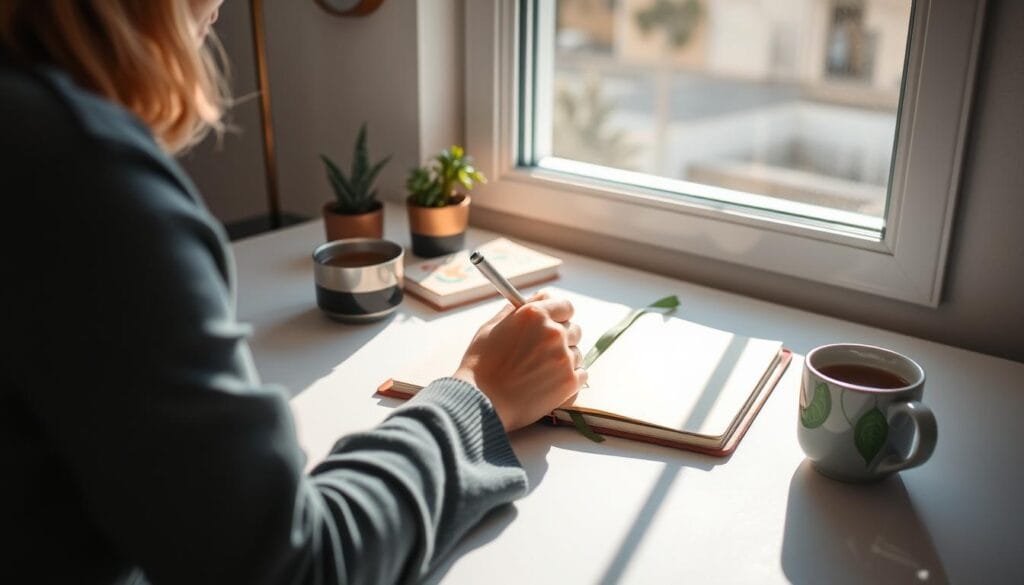 Pessoa escrevendo em um diário durante sua manhã mais leve e produtiva Pessoa escrevendo em um diário durante sua manhã mais leve e produtiva