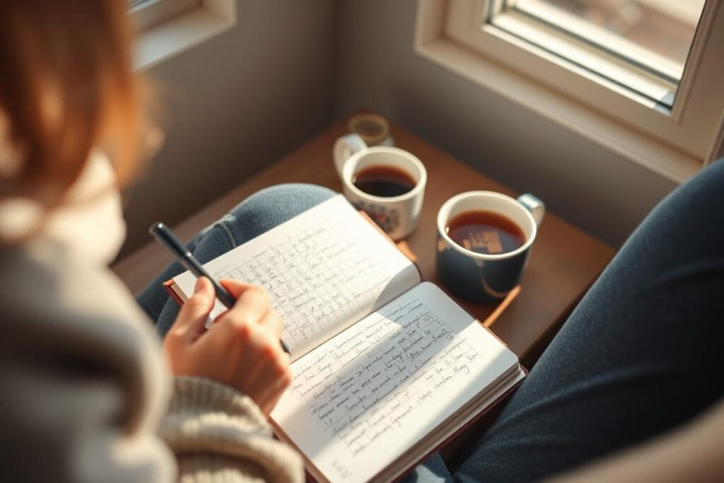 Pessoa escrevendo em um diário matinal em um ambiente tranquilo, praticando silêncio e presença Pessoa escrevendo em um diário matinal em um ambiente tranquilo, praticando silêncio e presença