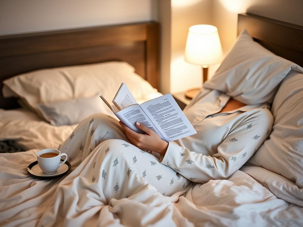 Pessoa lendo um livro com uma xícara de chá de camomila antes de dormir, praticando rotina para dormir melhor naturalmente Pessoa lendo um livro com uma xícara de chá de camomila antes de dormir, praticando rotina para dormir melhor naturalmente