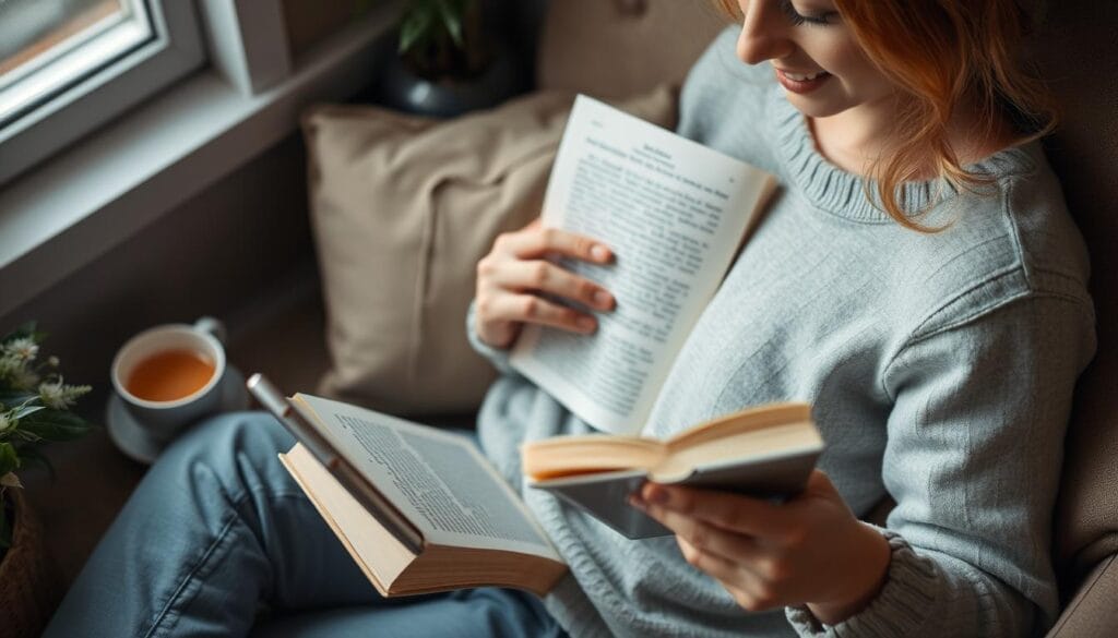Pessoa lendo um livro durante pausa digital como rotina de autocuidado Pessoa lendo um livro durante pausa digital como rotina de autocuidado