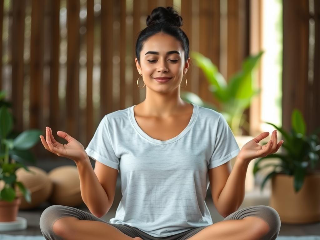 Pessoa meditando com mantras em um ambiente tranquilo, técnica de meditação para iniciantes Pessoa meditando com mantras em um ambiente tranquilo, técnica de meditação para iniciantes
