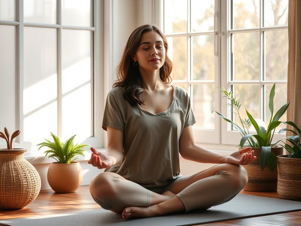 Pessoa meditando durante sua rotina de autocuidado matinal Pessoa meditando durante sua rotina de autocuidado matinal