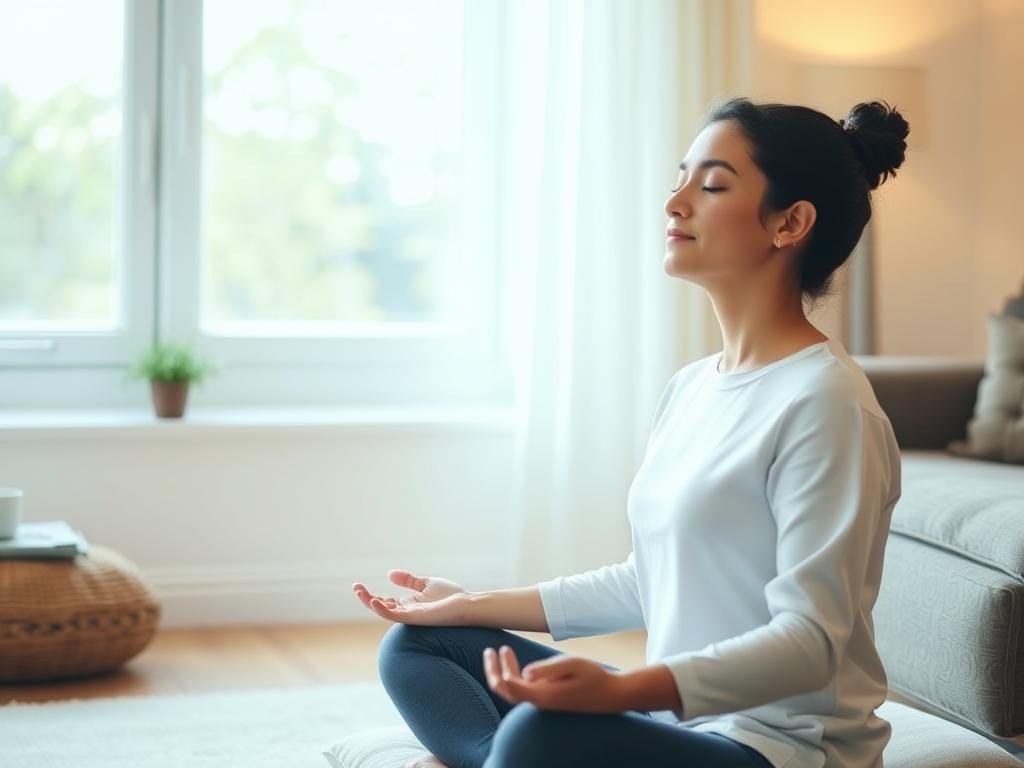 Pessoa meditando durante sua rotina matinal para uma manhã mais leve e produtiva Pessoa meditando durante sua rotina matinal para uma manhã mais leve e produtiva
