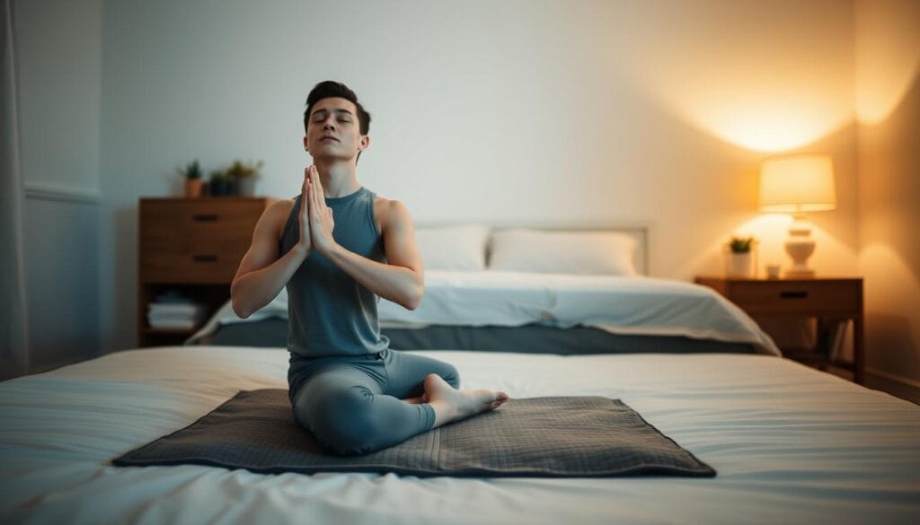Pessoa meditando em posição confortável antes de dormir para dormir melhor naturalmente Pessoa meditando em posição confortável antes de dormir para dormir melhor naturalmente