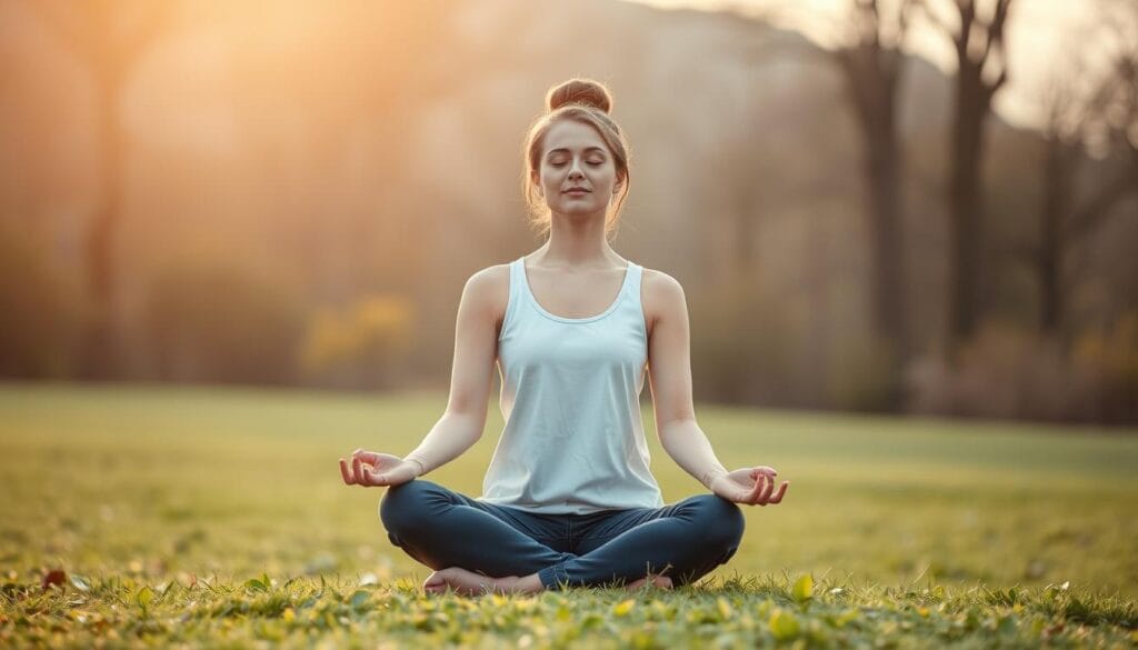 Pessoa meditando em um ambiente tranquilo representando a saúde mental
