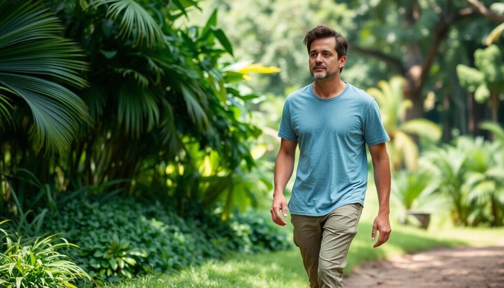 Pessoa praticando meditação caminhando em um parque, técnica de meditação para iniciantes Pessoa praticando meditação caminhando em um parque, técnica de meditação para iniciantes