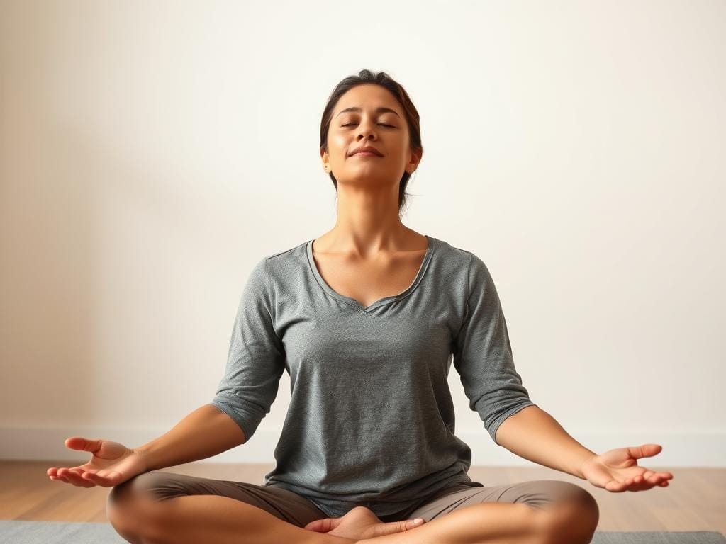 Pessoa praticando meditação de respiração consciente em posição confortável
