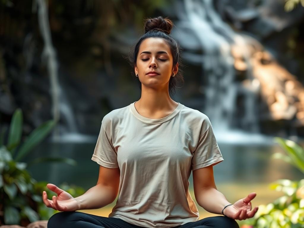 Pessoa praticando meditação em ambiente natural Pessoa praticando meditação em ambiente natural