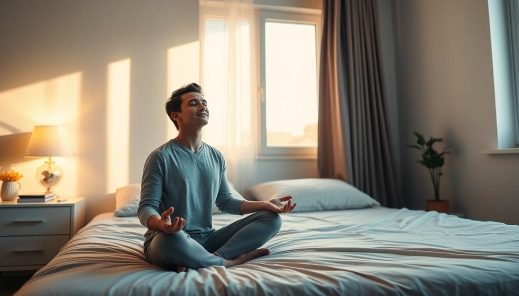 Pessoa praticando ritual matinal de mindfulness como rotina de autocuidado Pessoa praticando ritual matinal de mindfulness como rotina de autocuidado