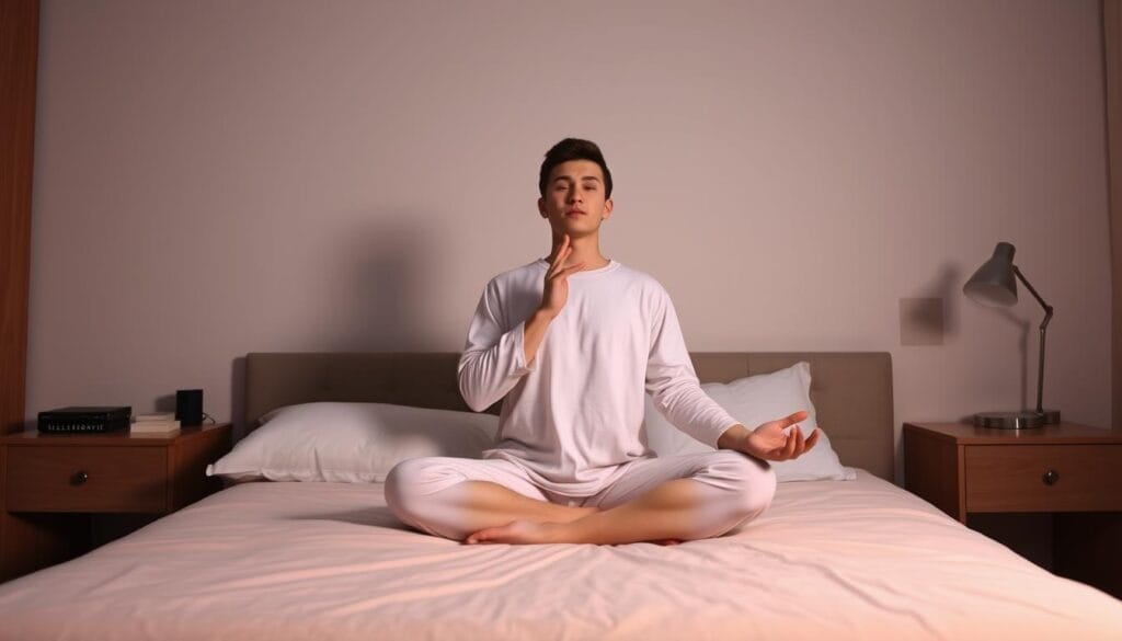 Pessoa praticando técnicas de respiração e meditação para dormir melhor naturalmente Pessoa praticando técnicas de respiração e meditação para dormir melhor naturalmente