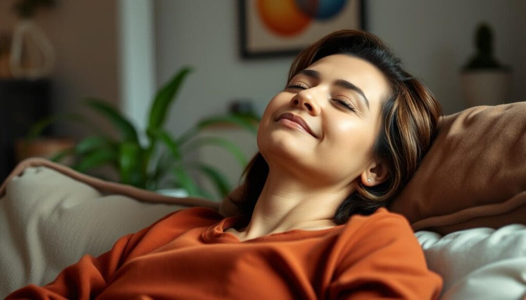 Pessoa praticando visualização guiada em meditação para iniciantes Pessoa praticando visualização guiada em meditação para iniciantes