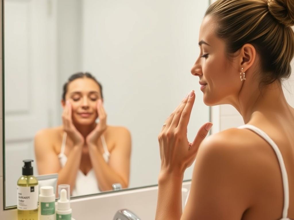 Pessoa realizando rotina de skincare como forma de autocuidado Pessoa realizando rotina de skincare como forma de autocuidado