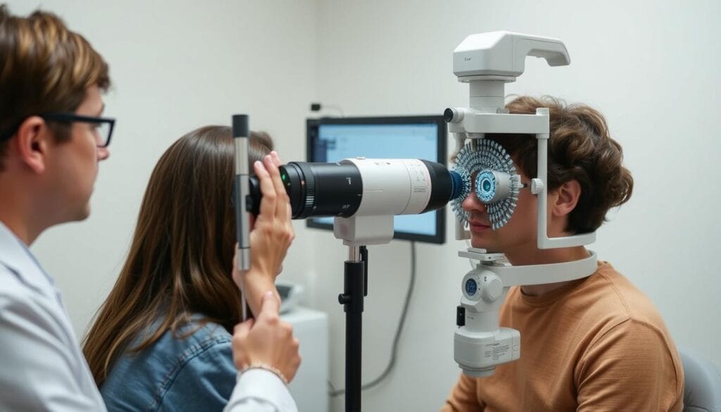 Pessoa realizando teste de campo visual para detecção de glaucoma Pessoa realizando teste de campo visual para detecção de glaucoma