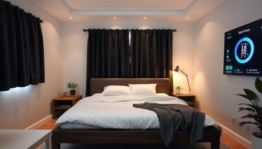 Quarto escuro, silencioso e organizado com temperatura adequada para dormir melhor naturalmente Quarto escuro, silencioso e organizado com temperatura adequada para dormir melhor naturalmente