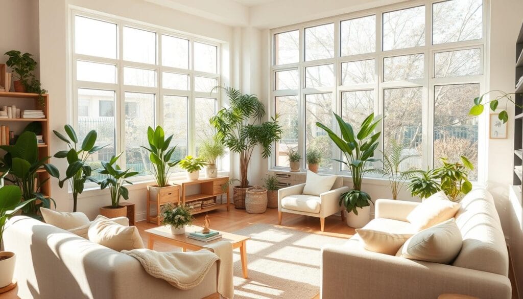Sala de estar luminosa com plantas e elementos naturais, representando um espaço que nutre bem-estar