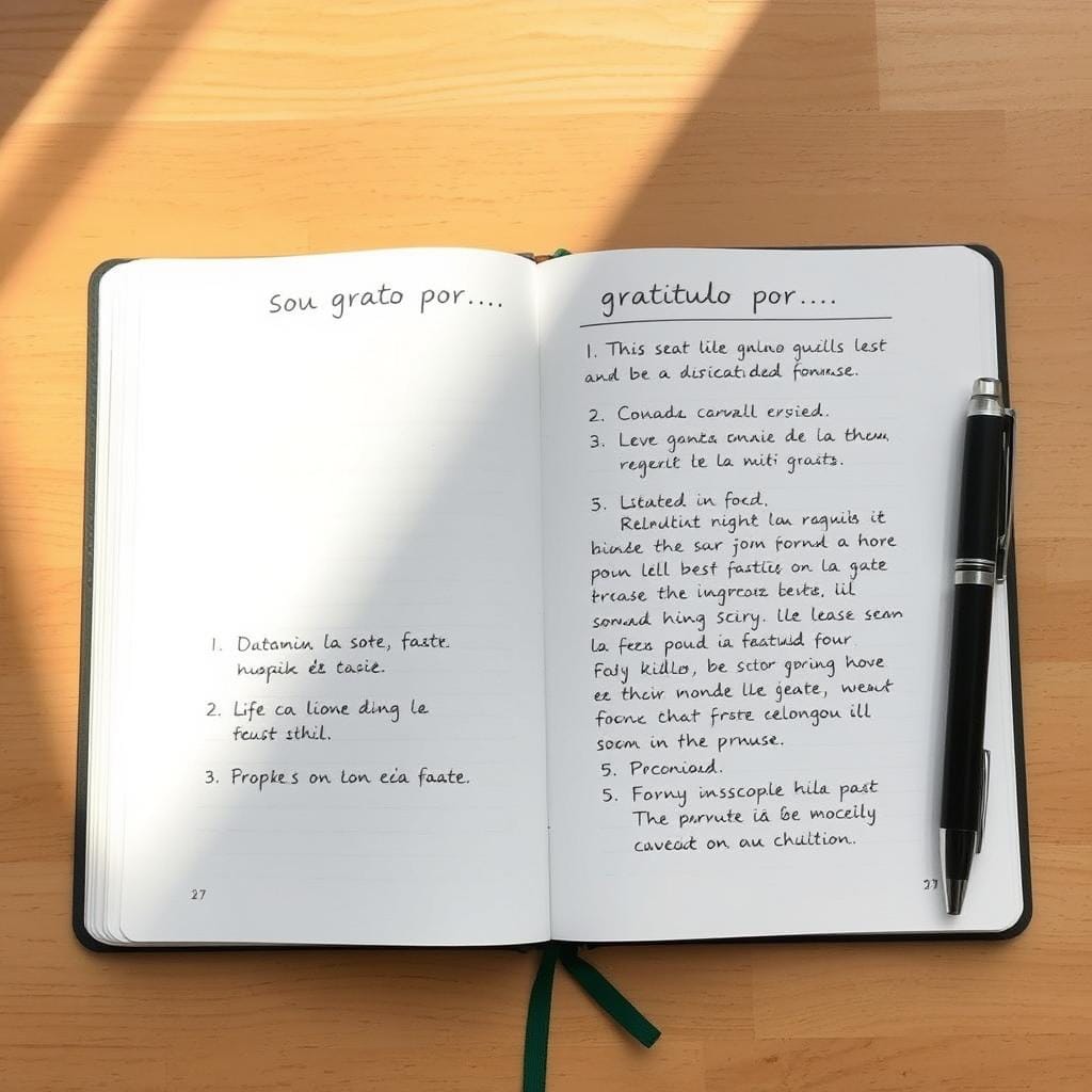 Caderno aberto com lista de gratidão e uma caneta ao lado Caderno aberto com lista de gratidão e uma caneta ao lado