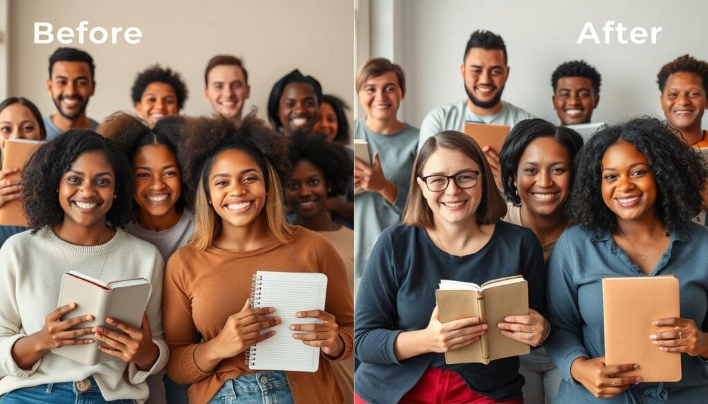 Colagem de depoimentos de pessoas que tiveram suas vidas transformadas pela prática do journaling Colagem de depoimentos de pessoas que tiveram suas vidas transformadas pela prática do journaling