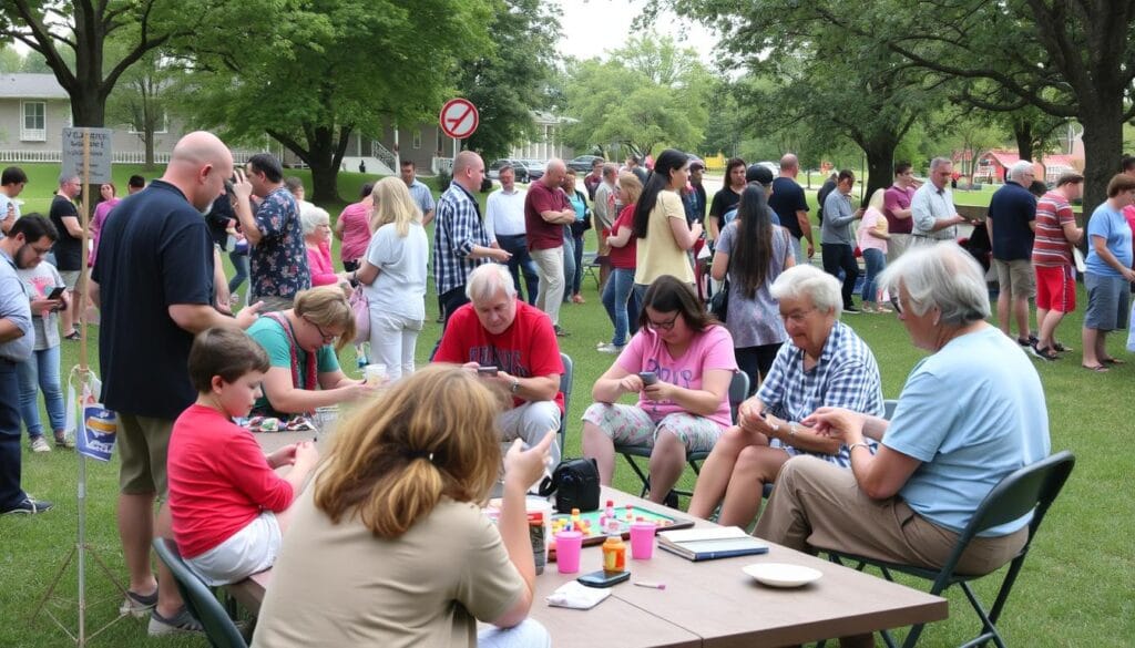 Evento comunitário sem tecnologia onde pessoas de diferentes idades interagem, combatendo a solidão na era digital Evento comunitário sem tecnologia onde pessoas de diferentes idades interagem, combatendo a solidão na era digital
