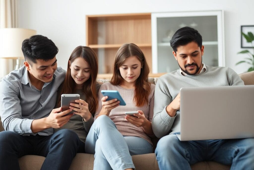 Família reunida mas cada pessoa usando seu próprio dispositivo digital, ilustrando a desconexão na era digital Família reunida mas cada pessoa usando seu próprio dispositivo digital, ilustrando a desconexão na era digital