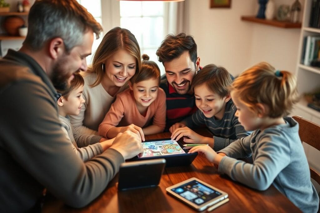 Família usando tecnologia juntos para um projeto criativo, demonstrando uso colaborativo em um espaço digital saudável Família usando tecnologia juntos para um projeto criativo, demonstrando uso colaborativo em um espaço digital saudável