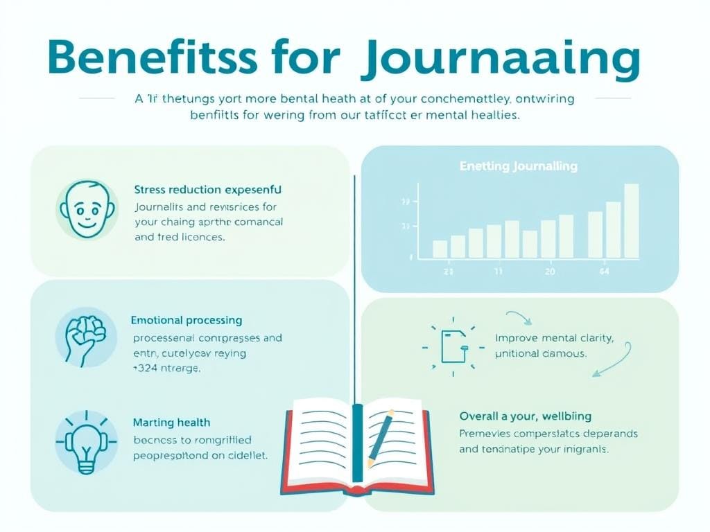 Gráfico mostrando os benefícios do journaling para a saúde mental com ícones representando redução de estresse, clareza mental e bem-estar