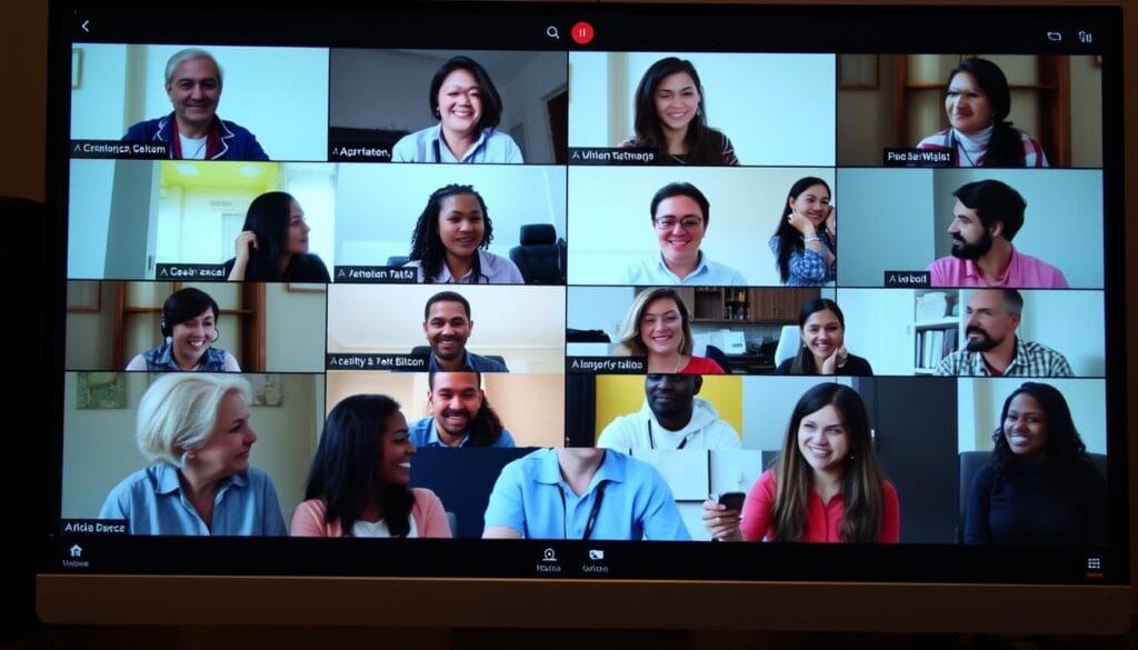 Grupo de pessoas interagindo em uma videoconferência com propósito, demonstrando conexões reais em um espaço digital saudável Grupo de pessoas interagindo em uma videoconferência com propósito, demonstrando conexões reais em um espaço digital saudável