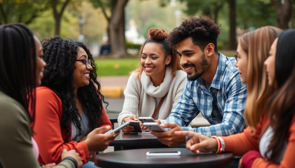 Grupo de pessoas interagindo pessoalmente sem dispositivos digitais, representando o equilíbrio na era digital Grupo de pessoas interagindo pessoalmente sem dispositivos digitais, representando o equilíbrio na era digital