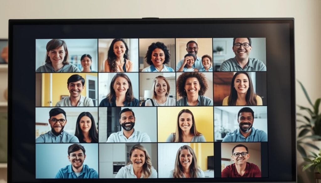 Grupo diverso de pessoas conectadas virtualmente através de videochamada, mostrando o aspecto social positivo da tecnologia e mente humana Grupo diverso de pessoas conectadas virtualmente através de videochamada, mostrando o aspecto social positivo da tecnologia e mente humana