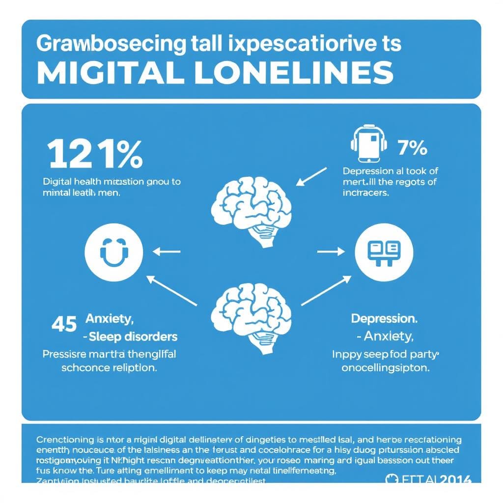 Infográfico mostrando a relação entre solidão na era digital e problemas de saúde mental como depressão e ansiedade Infográfico mostrando a relação entre solidão na era digital e problemas de saúde mental como depressão e ansiedade