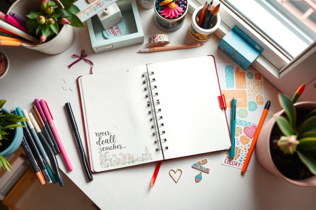 Mesa organizada com materiais de journaling incluindo caderno, canetas coloridas e decorações Mesa organizada com materiais de journaling incluindo caderno, canetas coloridas e decorações