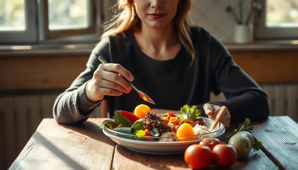 Pessoa apreciando uma refeição colorida com atenção plena, praticando alimentação consciente