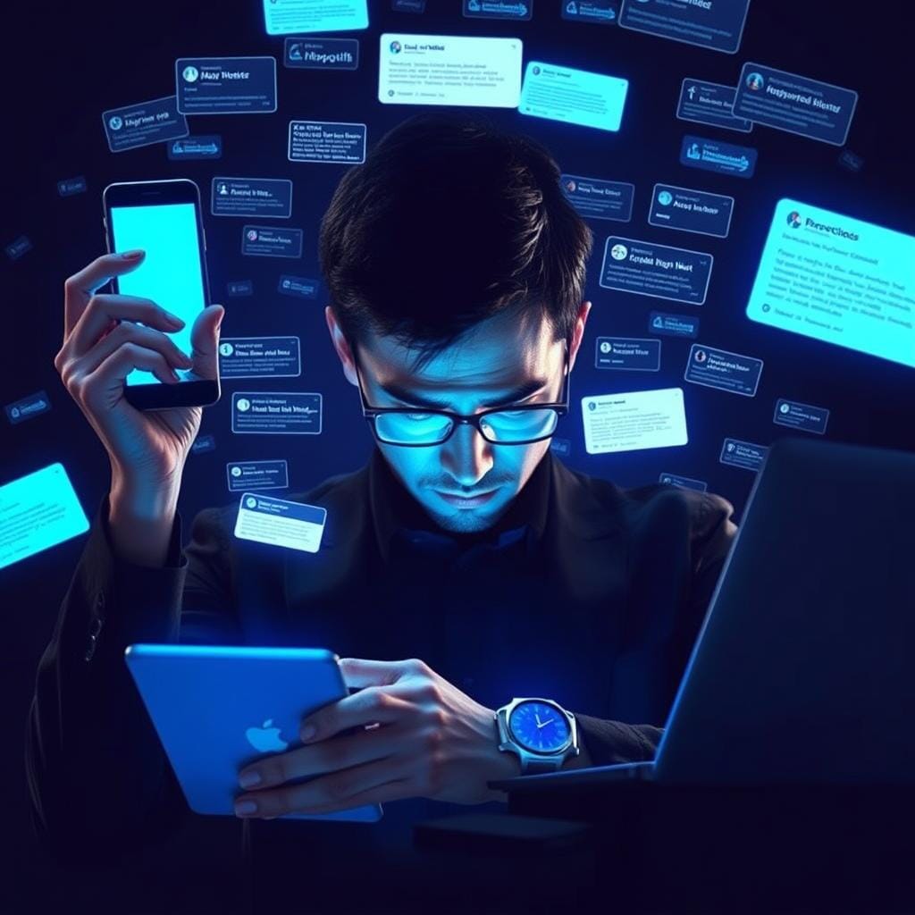 Pessoa cercada por notificações digitais e informações Pessoa cercada por notificações digitais e informações